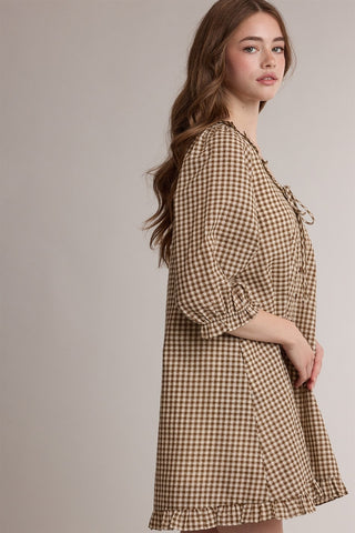 Gingham Tie Neck Ruffle Mini Dress