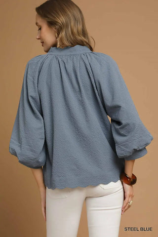 Scallop Hem Textured Balloon Sleeve Blouse