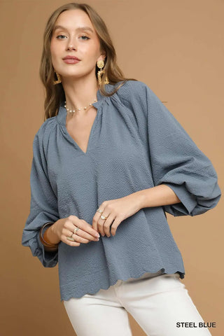 Scallop Hem Textured Balloon Sleeve Blouse