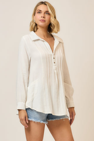 Curvy Pleat Detail Button Down Blouse
