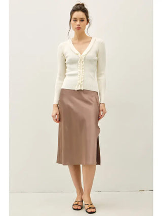Silky Satin Midi Skirt with Elastic Waistline in Taupe