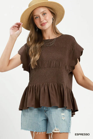 Linen Blend Smocked Peplum Blouse