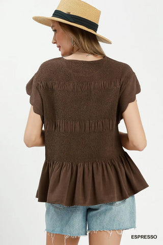 Linen Blend Smocked Peplum Blouse