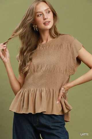 Linen Blend Smocked Peplum Blouse