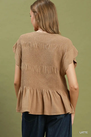 Linen Blend Smocked Peplum Blouse