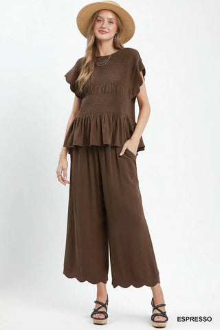 Linen Blend Smocked Peplum Blouse