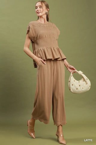 Linen Blend Smocked Peplum Blouse
