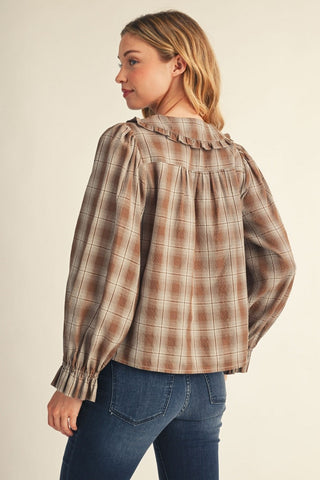 Ruffle Detail Button Down Plaid Top