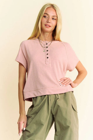 French Rose Raw Edge Seam Henley Knit Top