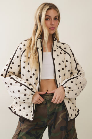 Cream Polka Dot Contrast Quilted Jacket