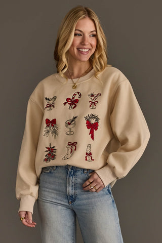 Beige Embroidered Christmas Sweatshirt