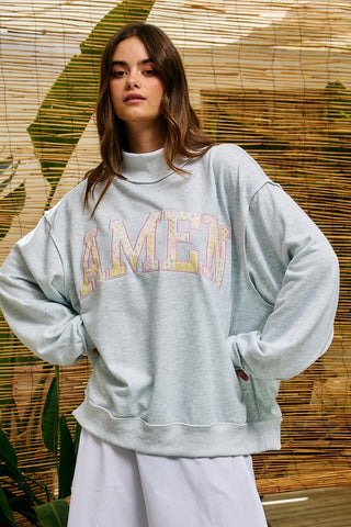Embroidered "Amen" Patchwork Mock Neck Sweatshirt