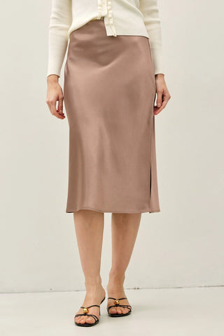 Silky Satin Midi Skirt with Elastic Waistline in Taupe