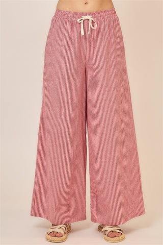 Pinstripe Wide Leg Pants W/Drawstring