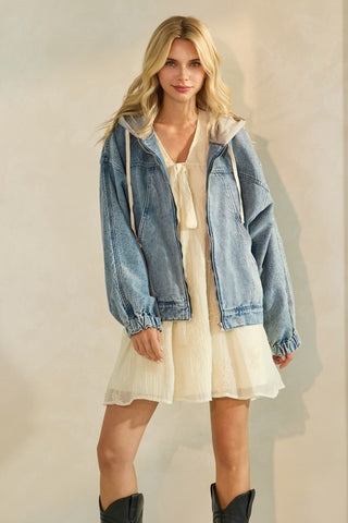 Sweater Hooded Zip Denim Jacket