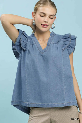 Denim Frilled V-Neck Ruffle Chambray Top