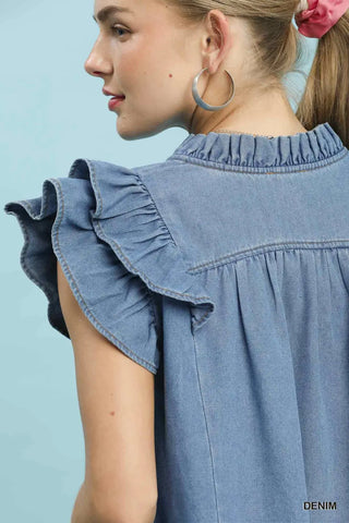 Denim Frilled V-Neck Ruffle Chambray Top