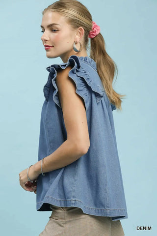 Denim Frilled V-Neck Ruffle Chambray Top
