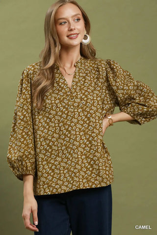Corduroy Floral Print V-Neck Puff Sleeve Blouse