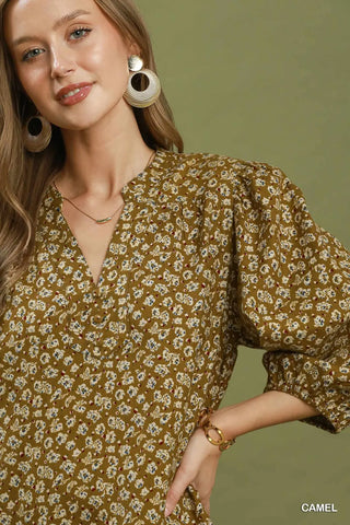 Corduroy Floral Print V-Neck Puff Sleeve Blouse