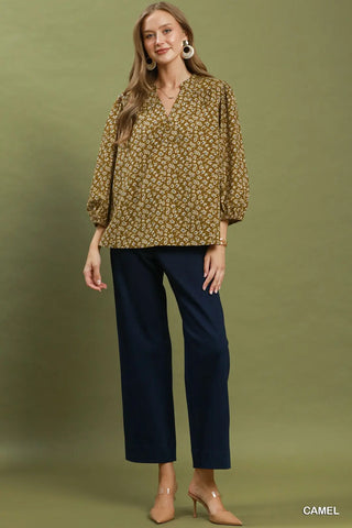 Corduroy Floral Print V-Neck Puff Sleeve Blouse