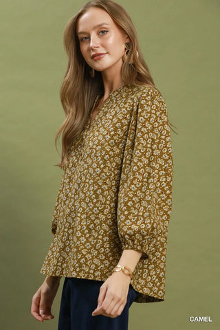 Corduroy Floral Print V-Neck Puff Sleeve Blouse