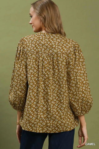 Corduroy Floral Print V-Neck Puff Sleeve Blouse