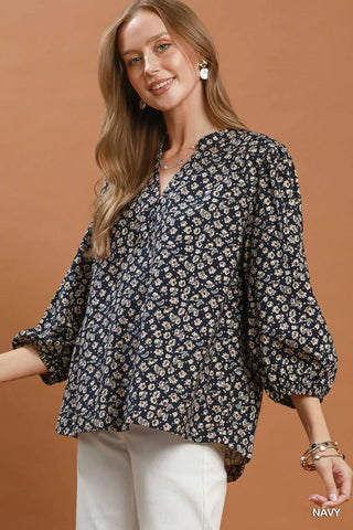 Corduroy Floral Print V-Neck Puff Sleeve Blouse