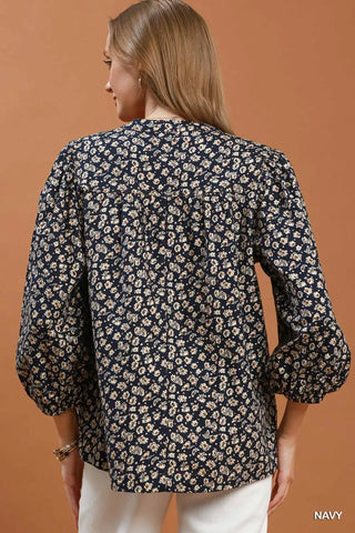 Corduroy Floral Print V-Neck Puff Sleeve Blouse