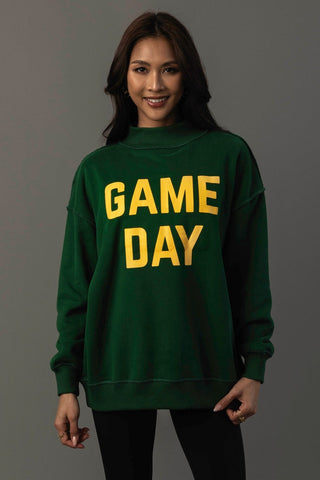 Reversible Game Day & Sunday Funday Sweatshirt in Green — Game Day side, forest green with gold lettering