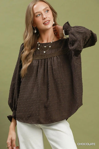 Chocolate Swiss Dot Lace Yoke Peasant Blouse