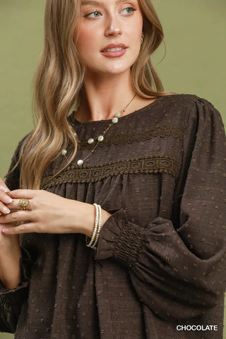 Chocolate Swiss Dot Lace Yoke Peasant Blouse