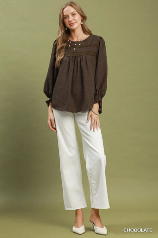 Chocolate Swiss Dot Lace Yoke Peasant Blouse