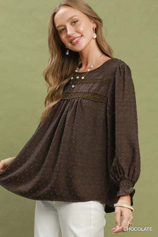 Chocolate Swiss Dot Lace Yoke Peasant Blouse