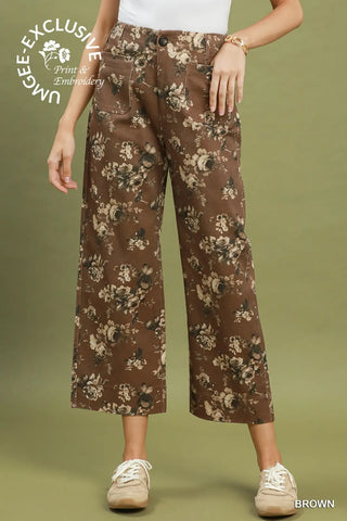 Floral Print Wide Leg Cropped Pants