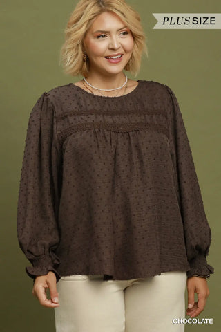 Curvy Chocolate Swiss Dot Lace Yoke Blouse