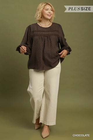 Curvy Chocolate Swiss Dot Lace Yoke Blouse