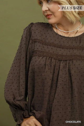 Curvy Chocolate Swiss Dot Lace Yoke Blouse