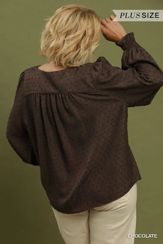 Curvy Chocolate Swiss Dot Lace Yoke Blouse