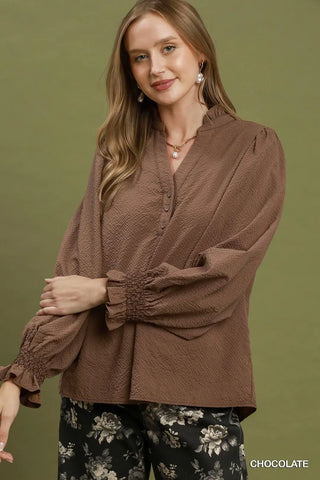 Chocolate Smocked Balloon Sleeve Chambray Blouse