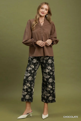 Chocolate Smocked Balloon Sleeve Chambray Blouse