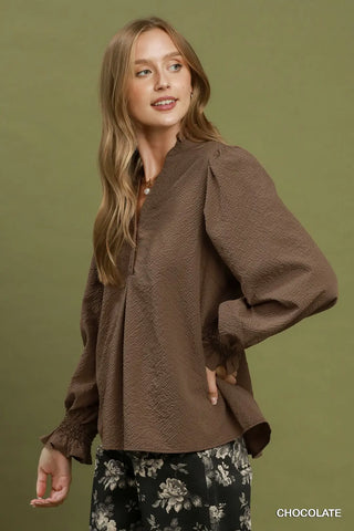 Chocolate Smocked Balloon Sleeve Chambray Blouse