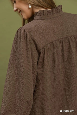 Chocolate Smocked Balloon Sleeve Chambray Blouse
