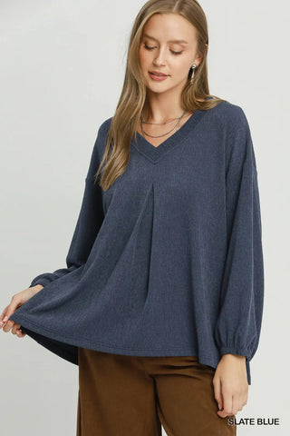 Slate Blue Pleated V-Neck Puckered Cord Knit Top
