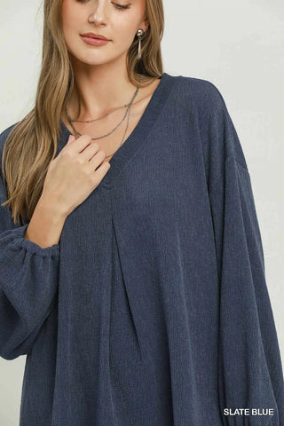 Slate Blue Pleated V-Neck Puckered Cord Knit Top
