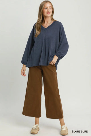 Slate Blue Pleated V-Neck Puckered Cord Knit Top