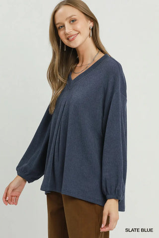 Slate Blue Pleated V-Neck Puckered Cord Knit Top