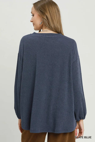 Slate Blue Pleated V-Neck Puckered Cord Knit Top