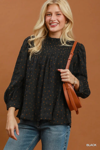 Black Polka Dot Smocked Puff Sleeve Mock Neck Blouse