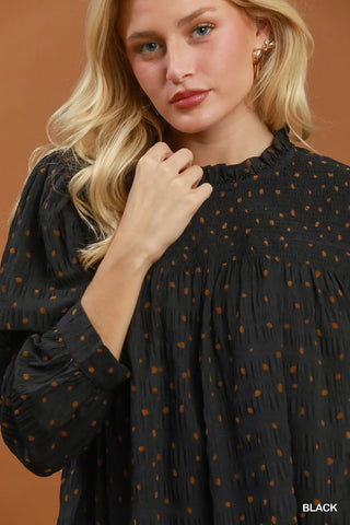 Black Polka Dot Smocked Puff Sleeve Mock Neck Blouse